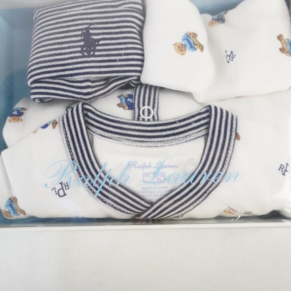 Ralph Lauren Polo Baby Onesie, Bib & Beanie Gift Set in White/Blue Size 9M - NWT - Picture 7 of 9